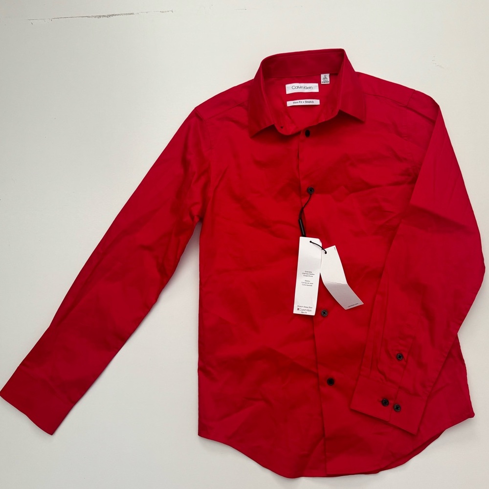 Calvin Klein boys button up dress shirt red size 12 regular slim fit long sleeve